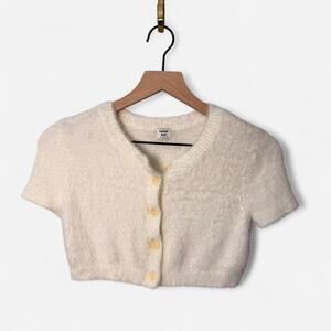 Aritzia Sunday Best Cream Cropped Short Sleeve Cardigan Size Small